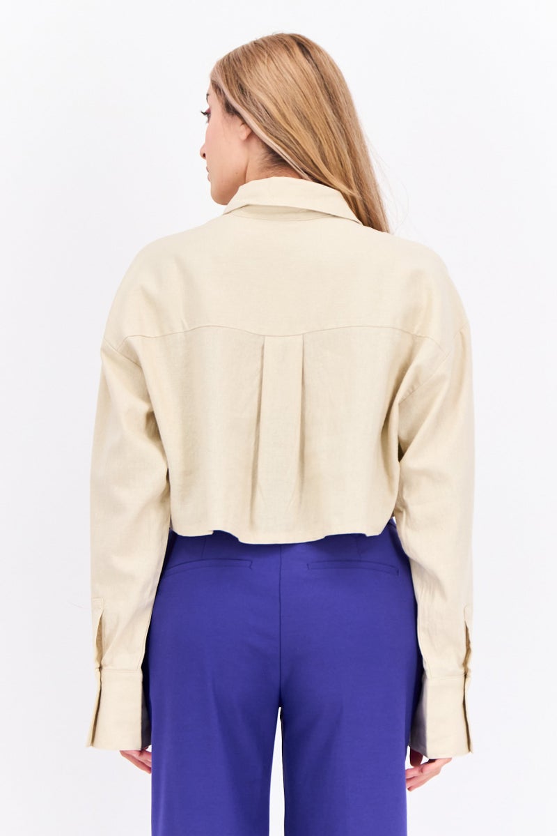 NIA Women Spread Collar Long Sleeve Plain Top, Beige - Image 3