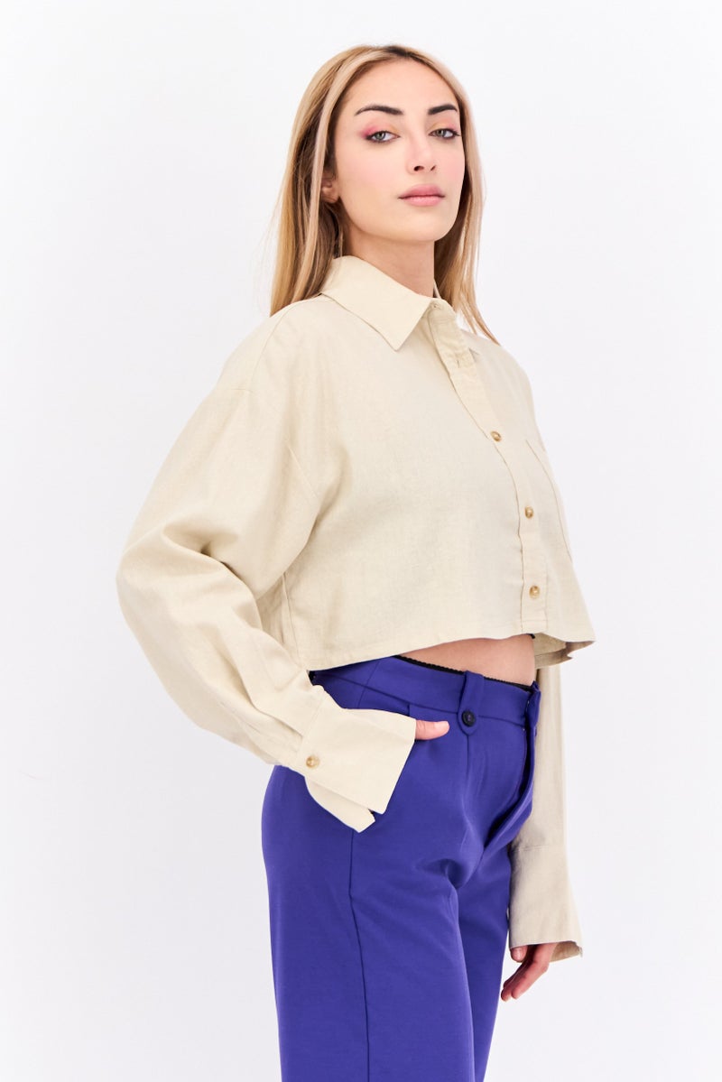 NIA Women Spread Collar Long Sleeve Plain Top, Beige - Image 2