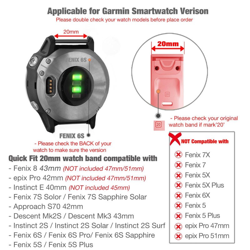 Abanen Hook and Loop Quick Dry 20mm Watch Band for Garmin Fenix 8 43mm / epix Pro 42mm / Fenix 7S/6S/5S, Woven Nylon Ultralight Sport Wristband Strap for Instinct 2S / Instinct E 40mm (Pink) - Image 3