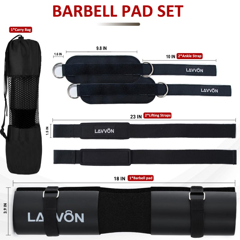 LAVVON Squat Pad Set - Foam Barbell Pad for Squats Cushion, Lunges & Bar Padding for Hip Thrusts -Standard Olympic Weight Bar Pad,Gym Accessories for Women(Ankle Straps,Wrist Straps for Weightlifting)(Black) - Image 2