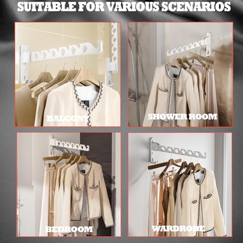 Dr.DJ Wall Mount Coat Hanger Holder White Clothes Drying Organizer Rack Garment Hooks Aluminium Retractable Folding Indoor Wall Mounted Hanger Space Saver for Laundry Room Bedroom White 2Pack - Image 4