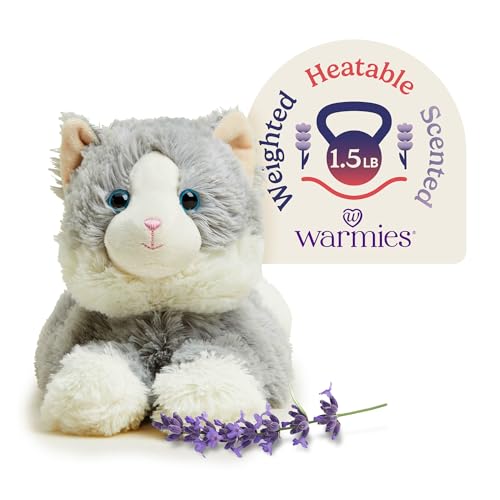 warmies Microwavable & Weighted Stuffed Animals, Laying Down Gray Cat - Heated Stuffed Animal Plushie for Warmth & Comfort - Cute Soft Plush Toys for Boys, Girls, Babies & Toddlers - Image 1