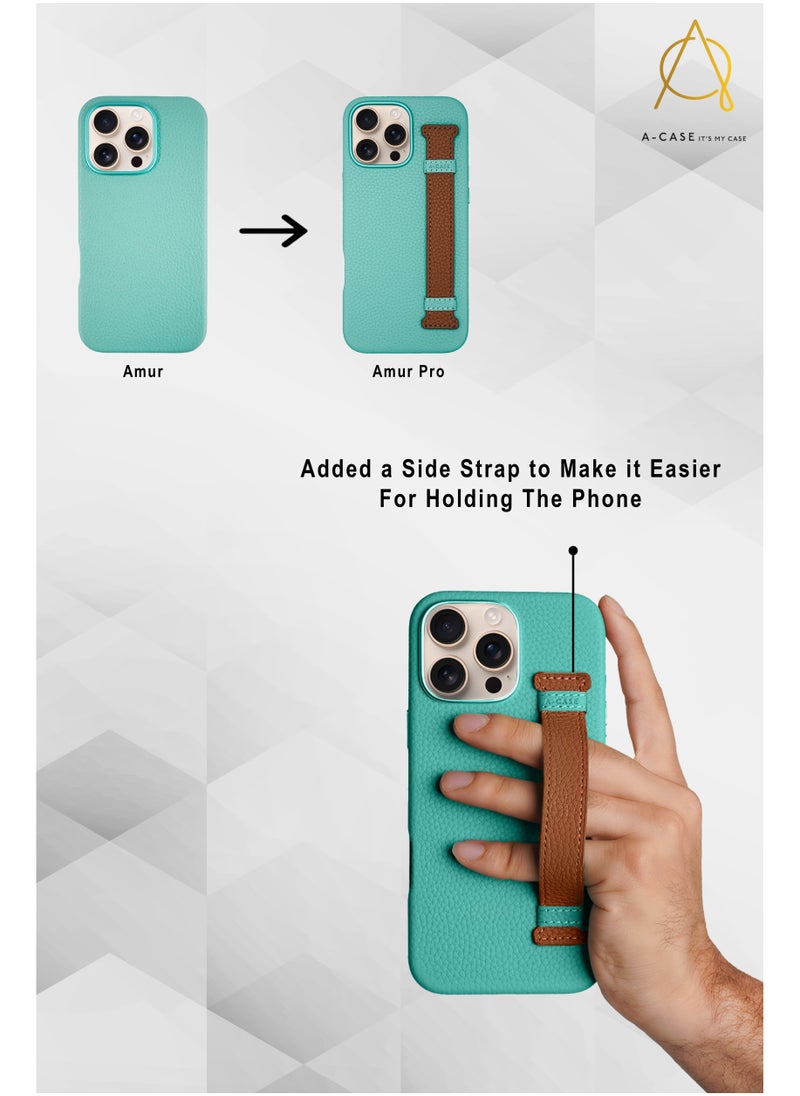 A-CASE - A-Case itsmycase Series Amur Pro Made of 100% Genuine Leather in addition to The Strap Used As Stand Compatible with iPhone 16 Pro Max -  Green Tiffany - Image 1