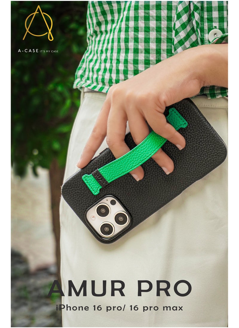 A-CASE - A-Case itsmycase Series Amur Pro Made of 100% Genuine Leather in addition to The Strap Used As Stand Compatible with iPhone 16 Pro Max -  Green Tiffany - Image 1