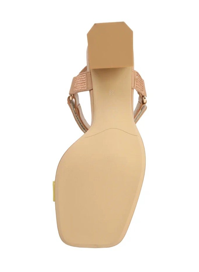 ART DES SPHERES - Women's Leather Chunky Ankle-Strap Sandal Chevron Insole Beige - Image 1
