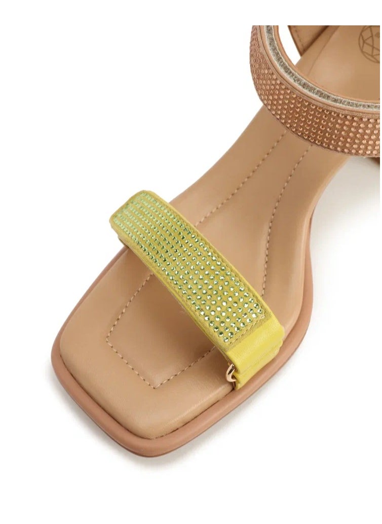 ART DES SPHERES - Women's Leather Chunky Ankle-Strap Sandal Chevron Insole Beige - Image 1