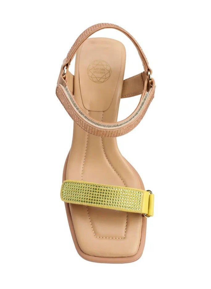 ART DES SPHERES - Women's Leather Chunky Ankle-Strap Sandal Chevron Insole Beige - Image 1