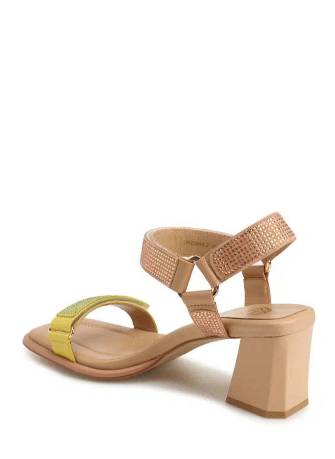ART DES SPHERES - Women's Leather Chunky Ankle-Strap Sandal Chevron Insole Beige - Image 1