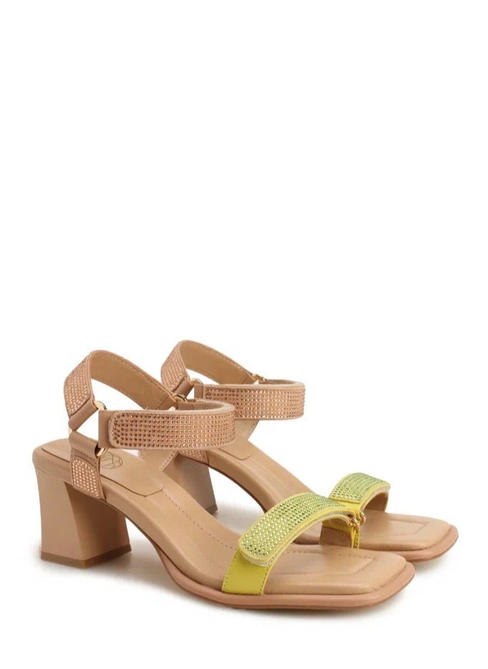ART DES SPHERES - Women's Leather Chunky Ankle-Strap Sandal Chevron Insole Beige - Image 1