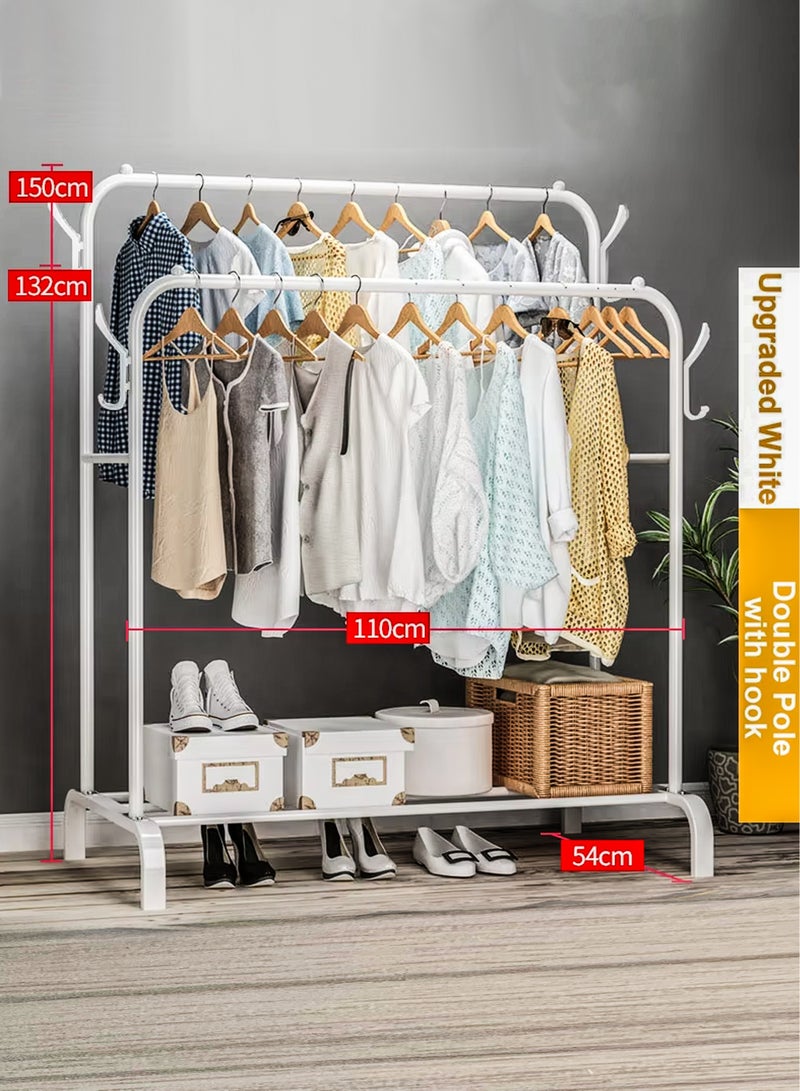 Dual Rail Clothes Organizer And Holder Metal Stand Multi-functional Double Hanging Rods Garment Drying Rack with Bottom Shelf for Hanging Shirts Jeans Coats Clothes Sweaters Garment Bedroom Laundry Room Balcony White 110x150x54cm 