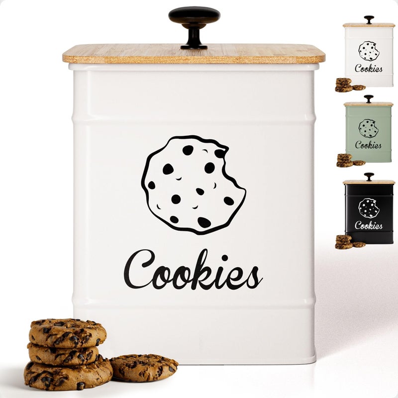 HB Design Co. Cookie Jar with Airtight Lid - 1 Gallon - 6"D x 8"H White Iron Cookie Tin with Bamboo Lid - Large Cookie Jars with Lids Airtight - Farmhouse Cookie Jars for Kitchen Counter Decorative - Cookies Jar - Image 1