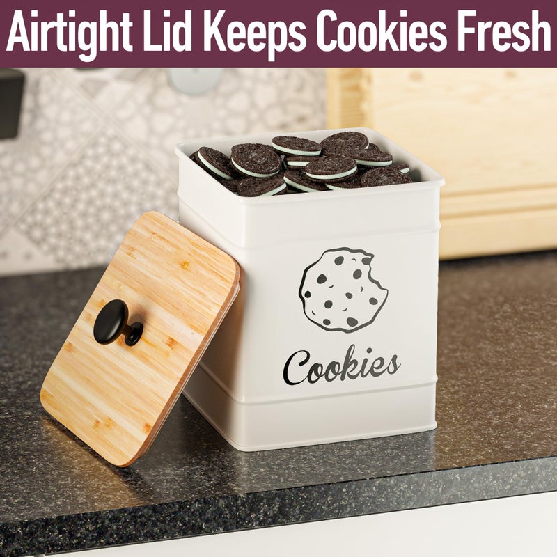HB Design Co. Cookie Jar with Airtight Lid - 1 Gallon - 6"D x 8"H White Iron Cookie Tin with Bamboo Lid - Large Cookie Jars with Lids Airtight - Farmhouse Cookie Jars for Kitchen Counter Decorative - Cookies Jar - Image 4