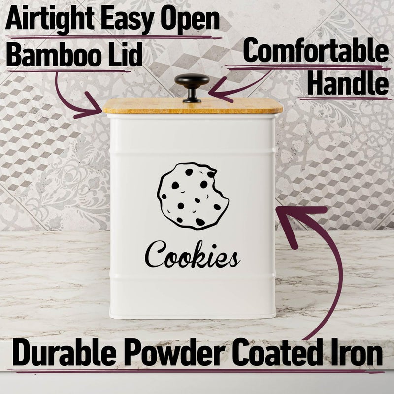 HB Design Co. Cookie Jar with Airtight Lid - 1 Gallon - 6"D x 8"H White Iron Cookie Tin with Bamboo Lid - Large Cookie Jars with Lids Airtight - Farmhouse Cookie Jars for Kitchen Counter Decorative - Cookies Jar - Image 2