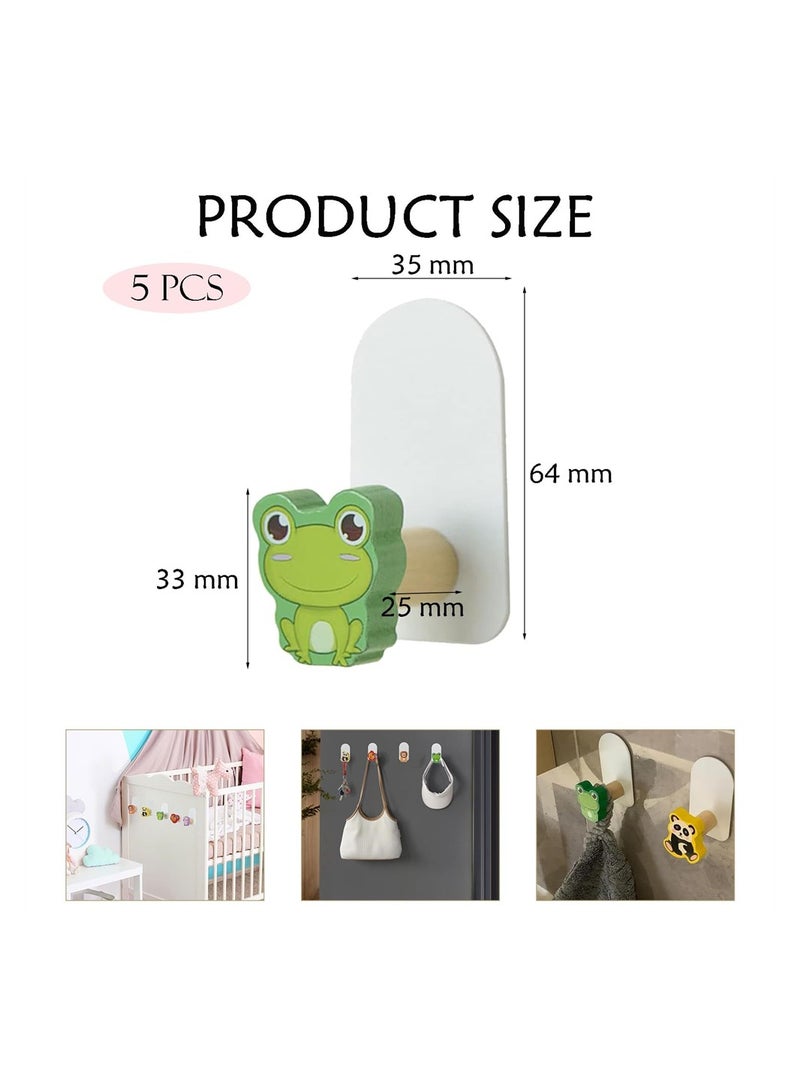 Kids Coat Hooks, 5 Pcs Self-Adhesive Cartoon Hook, Utility Wall Mounted Wooden Coat Hooks, Cute Creative Animal Shape Wooden Hooks for Kids Room Nursery Bedroom - Image 3