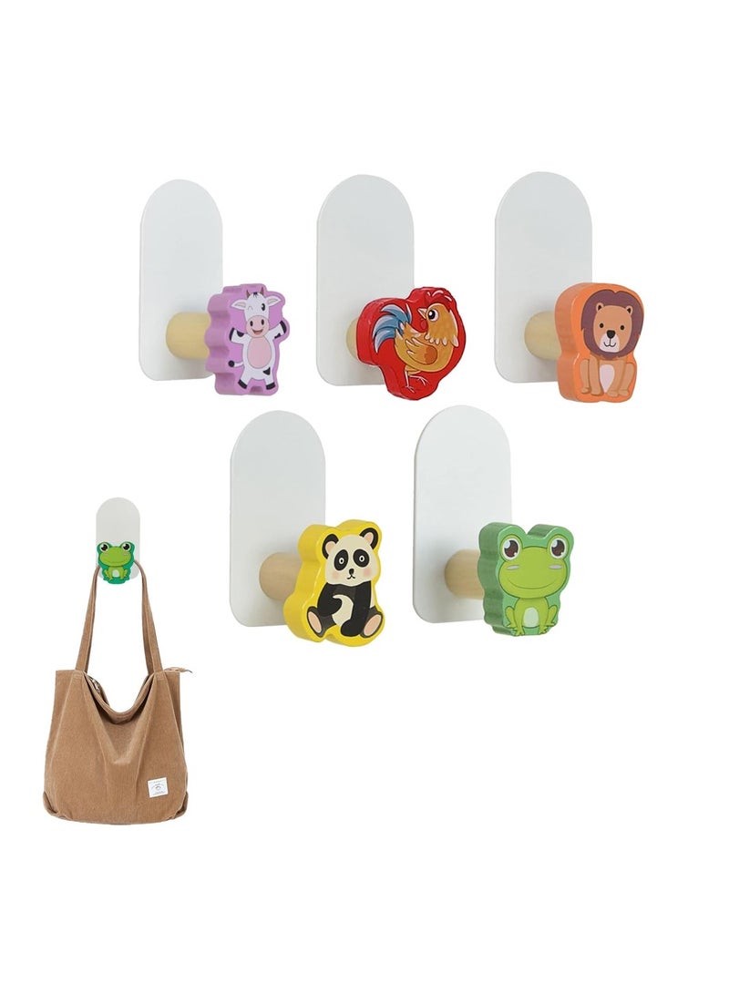 Kids Coat Hooks, 5 Pcs Self-Adhesive Cartoon Hook, Utility Wall Mounted Wooden Coat Hooks, Cute Creative Animal Shape Wooden Hooks for Kids Room Nursery Bedroom - Image 1
