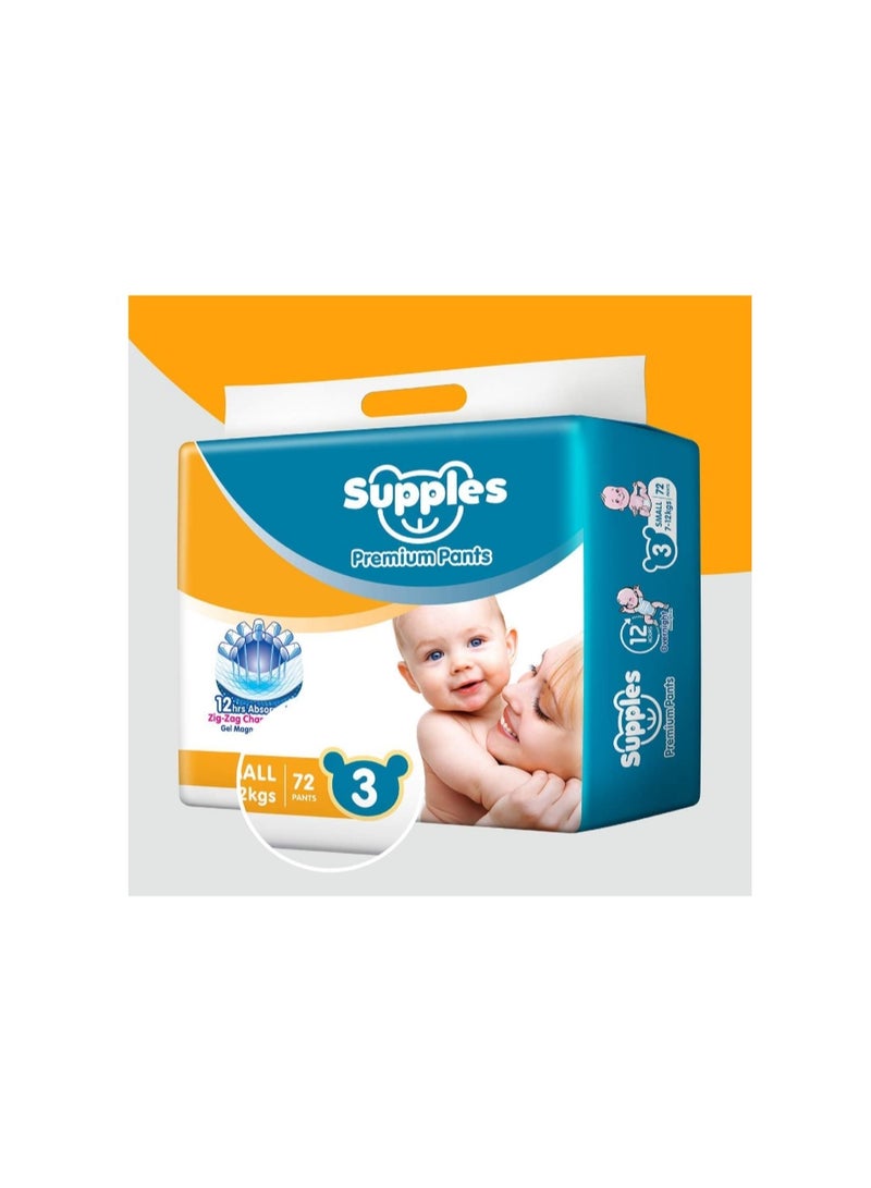 Supples Premium Baby Diaper Pants Size 3 (Medium) | 7–12 kg | 72 Count | 12 Hours Absorption | Soft & Breathable Pant Diapers | Leak Protection - Image 3