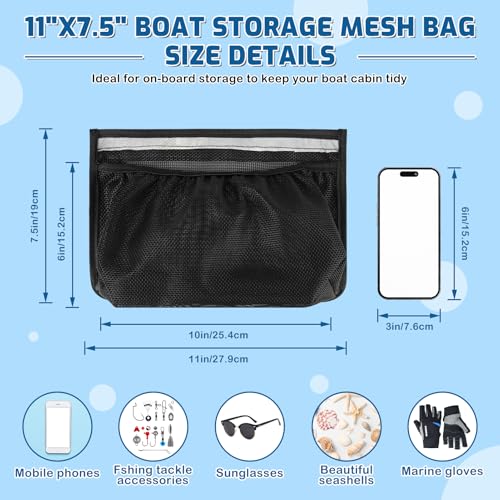NewShot Self-Adhesive Boat Storage Mesh Bag with Backup Hook&Loop, 11"x7.5"/15.5"x10.5" Adhesive Backing Reflective PVC Universal Boat Caddy Organizer Mesh Bag,Boat Storage Net for Gloves, Tools, Tackle, Gear - Image 2