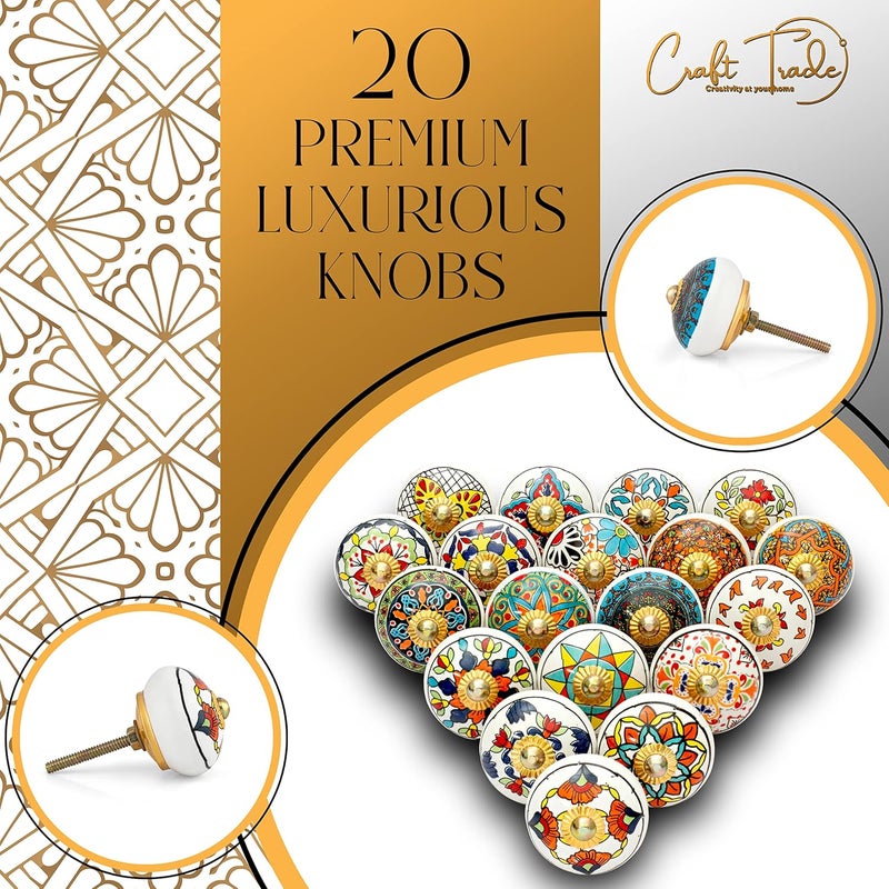 Craft Trade Door Knobs for Drawers Ceramic Vintage Assorted Colourful Pottery Drawer Handle Door Knobs and Pulls for Kitchen Cabinets Wardrobe and Cupboards Pack of 20 - Image 2