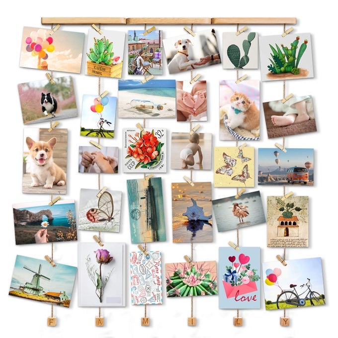 LOVEKANKEI WALL HANGING PICTURE PHOTO FRAMES 26 BY 29 INCH WITH 30 WOODEN CLIPS WIRE ARTWORKS PRINTS CARDS HOLDER ORGANIZER COLLAGE MULTI PICTURE PHOTO DISPLAY FAMILY FRAME