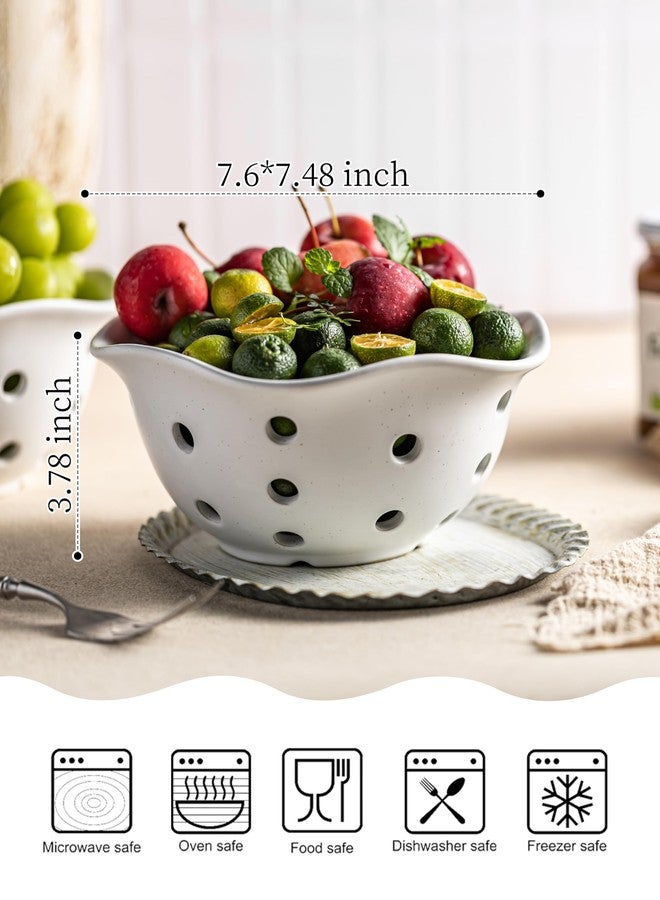 Gomakren Fruit Basket Set of 2, Ceramic Fruit Bowl Berry Basket with Holes, 7.6 Inch Fruit Containers Colander for Fridge - Farmhouse Kitchen Decor, Cream White - Image 2