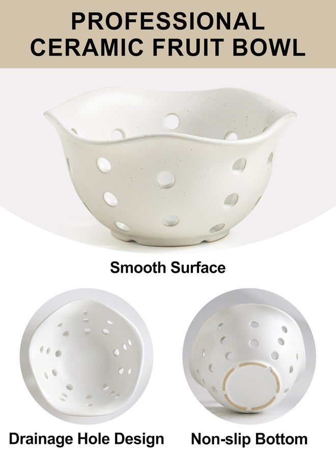 Gomakren Fruit Basket Set of 2, Ceramic Fruit Bowl Berry Basket with Holes, 7.6 Inch Fruit Containers Colander for Fridge - Farmhouse Kitchen Decor, Cream White - Image 3