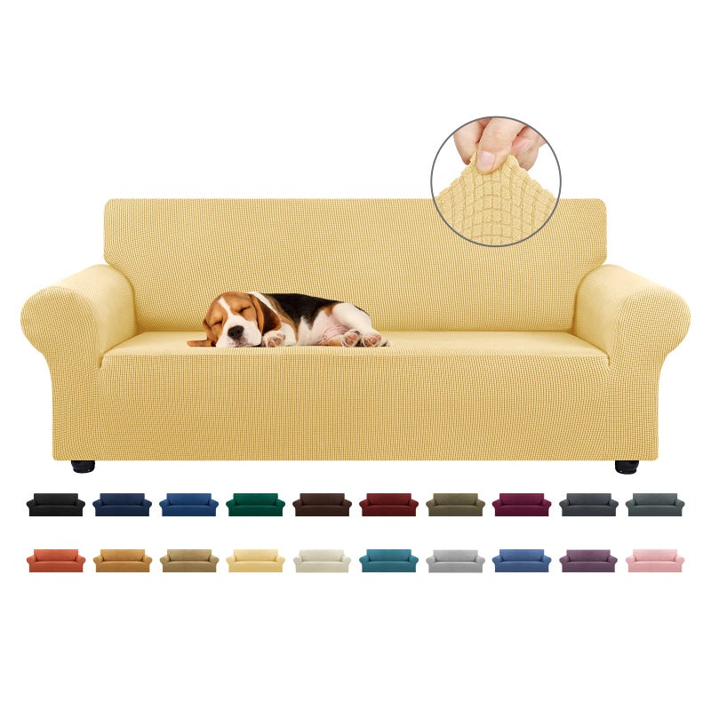 KEKUOU Stretch Sofa Cover Slipcover ï¼ŒCouch Covers for 3 Cushion Couch Sofa pet Friendly (78"-94") Furniture Protector Sofa with Elastic Bottom for Kids,Dog, Jacquard Small Checked(Large,Champagne) - Image 1