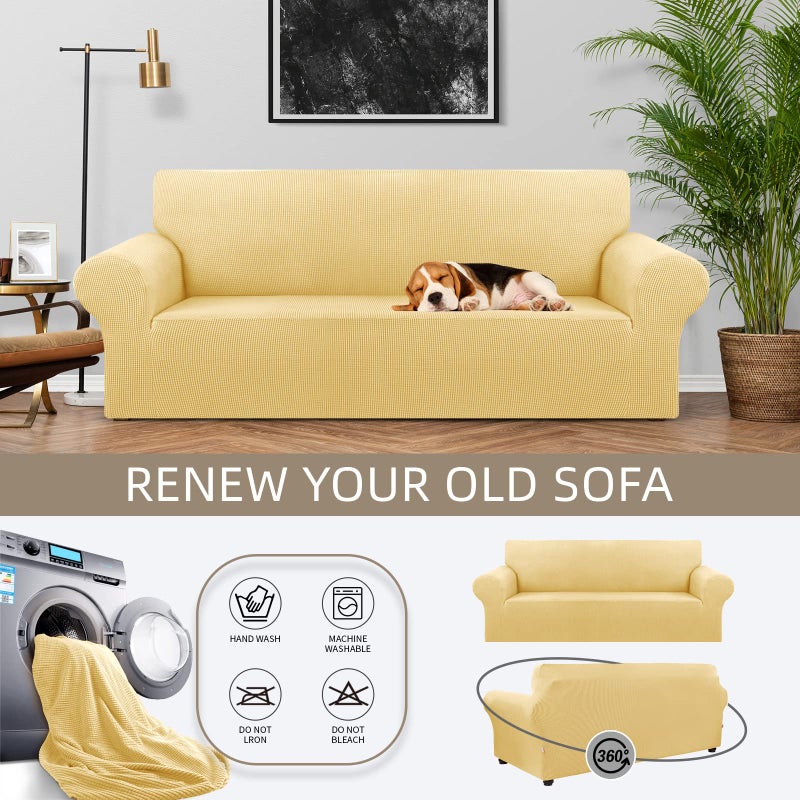 KEKUOU Stretch Sofa Cover Slipcover ï¼ŒCouch Covers for 3 Cushion Couch Sofa pet Friendly (78"-94") Furniture Protector Sofa with Elastic Bottom for Kids,Dog, Jacquard Small Checked(Large,Champagne) - Image 3