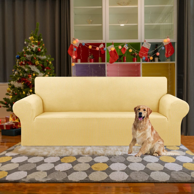 KEKUOU Stretch Sofa Cover Slipcover ï¼ŒCouch Covers for 3 Cushion Couch Sofa pet Friendly (78"-94") Furniture Protector Sofa with Elastic Bottom for Kids,Dog, Jacquard Small Checked(Large,Champagne) - Image 2