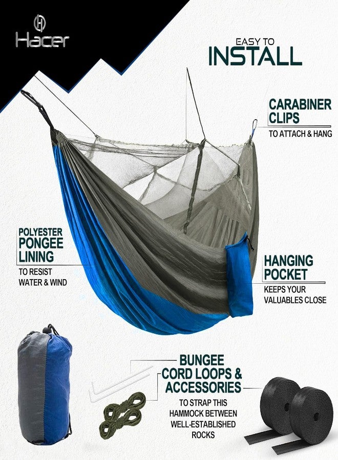 HACER Portable Outdoor Camping Hammock with Mosquito Net & Carabiner Nylon Windproof Hanging Swing for Hiking Backpacking - Blue & Gray - Image 2