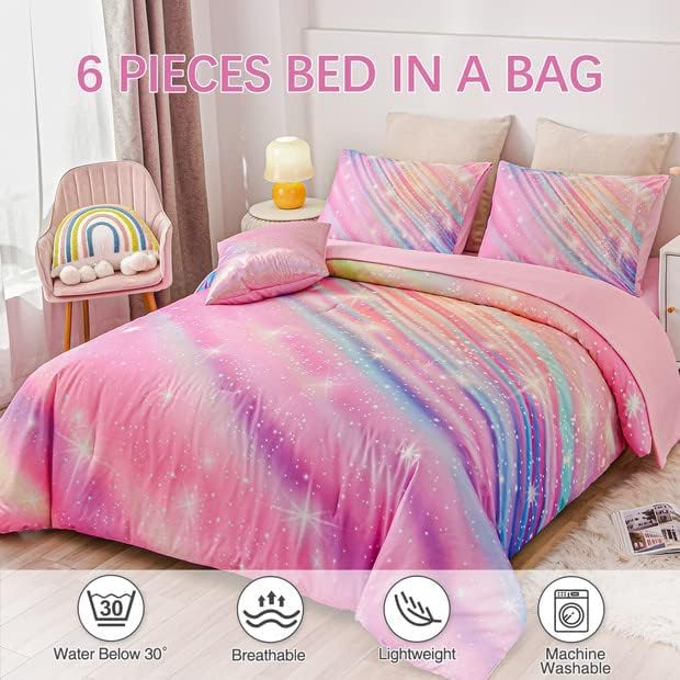 Btargot Btargot Super Soft 6 Pieces Gradient Star Ring Comforter Set  Colorful Glitter Rainbow Star Pattern Bedding Set for Boys Girls Teens  Full Pink  - Image 3