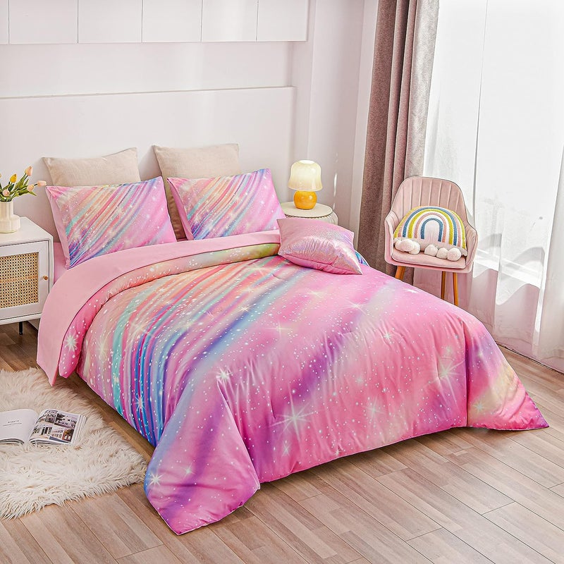 Btargot Btargot Super Soft 6 Pieces Gradient Star Ring Comforter Set  Colorful Glitter Rainbow Star Pattern Bedding Set for Boys Girls Teens  Full Pink  - Image 2