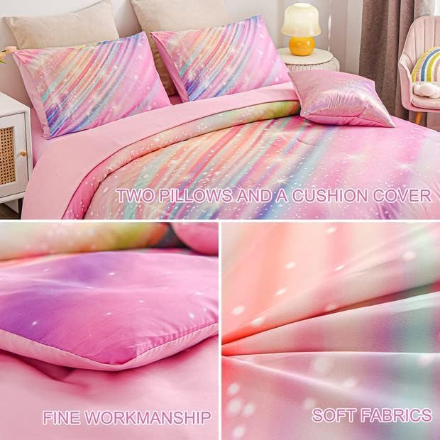 Btargot Btargot Super Soft 6 Pieces Gradient Star Ring Comforter Set  Colorful Glitter Rainbow Star Pattern Bedding Set for Boys Girls Teens  Full Pink  - Image 5