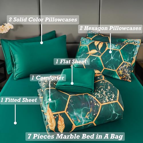 ANGIYUIN Emerald Green Printed Marble Comforter Set Queen, 7Pcs Geometric Hexagon Theme with Gold Leaf Bed in A Bag, Modern Foil Print Bedding Sets with Sheets Pillowcases (Green Queen) - Image 3