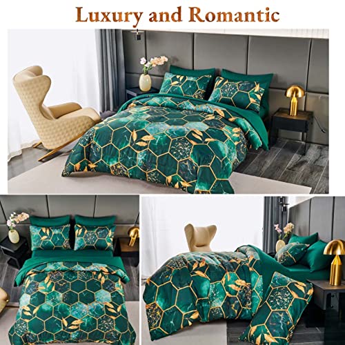 ANGIYUIN Emerald Green Printed Marble Comforter Set Queen, 7Pcs Geometric Hexagon Theme with Gold Leaf Bed in A Bag, Modern Foil Print Bedding Sets with Sheets Pillowcases (Green Queen) - Image 4