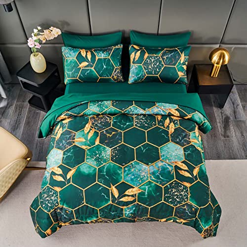 ANGIYUIN Emerald Green Printed Marble Comforter Set Queen, 7Pcs Geometric Hexagon Theme with Gold Leaf Bed in A Bag, Modern Foil Print Bedding Sets with Sheets Pillowcases (Green Queen) - Image 2