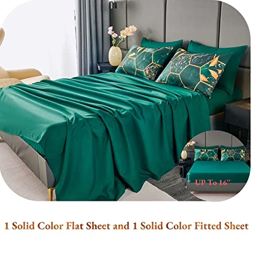 ANGIYUIN Emerald Green Printed Marble Comforter Set Queen, 7Pcs Geometric Hexagon Theme with Gold Leaf Bed in A Bag, Modern Foil Print Bedding Sets with Sheets Pillowcases (Green Queen) - Image 5