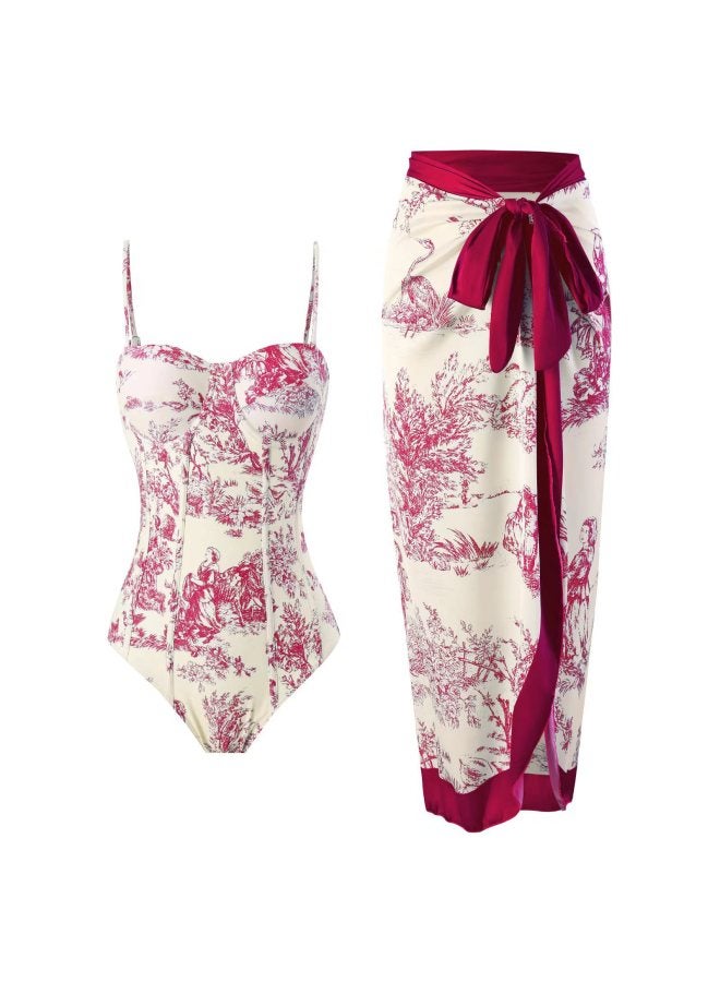 إسكدنيا 2024 European And American Style Swimsuit Women's Tight-fit Slim-fit French Style Retro Sunscreen Long Dress Two-piece Hot Spring Swimsuit-Color:Red Suit- - Image 1