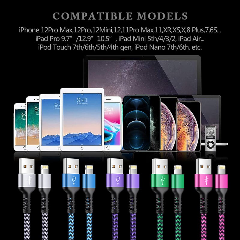 Haoano [3/6/10FT-5Pack] iPhone Charger Apple Certified Lighting Charge Cords Phone Power Data Cable Nylon Braided Fast Charging Wire for iPhone 13 12 Pro Max Mini 11 XR XS X 10 8 7 6s 6 Plus SE 2020, iPad - Image 2