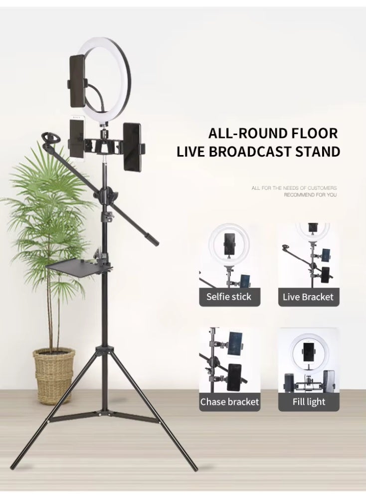 والالا حامل ميكروفون أرضي قابل للتعديل الارتفاع مع ضوء ملء دائري USB وحامل هاتف وصينية تخزين - Image 2