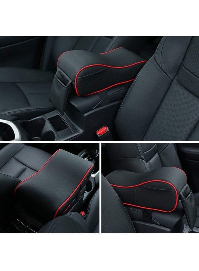 Car Armrest Pad - Premium Memory Foam with High-Quality Leather Cover & Phone Holder | Universal Fit, Anti-Slip Design for Most Vehicles (Black with Red Trim) - Image 2