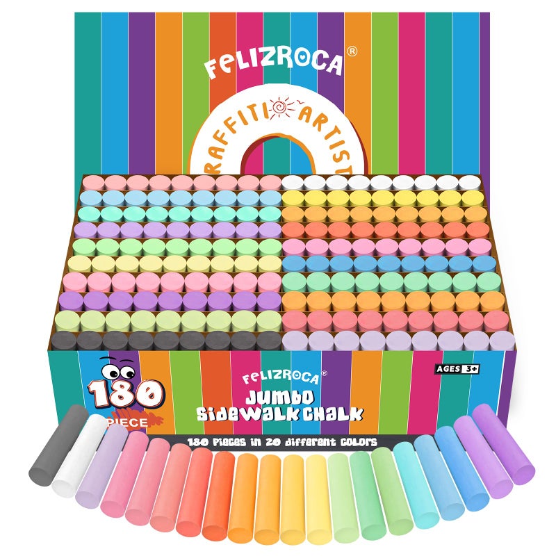 FELIZROCA 180PCS Sidewalk Chalks Set in 20 Colors NonToxic Washable Jumbo Outdoor Chalk for Kids Pavement Chalk - Image 2