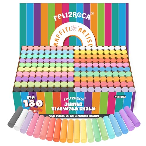 FELIZROCA 180PCS Sidewalk Chalks Set in 20 Colors NonToxic Washable Jumbo Outdoor Chalk for Kids Pavement Chalk - Image 1