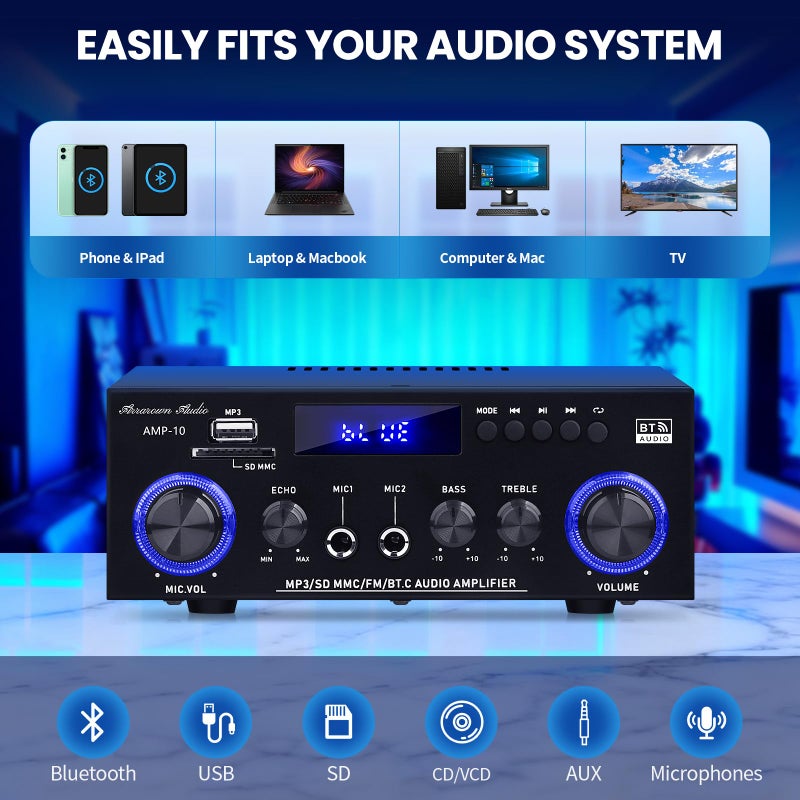 Beffkkip Amp10 Amplifier Home Audio,400W Power Amplifier 2 Channel Stereo Receiver with Bluetooth 5.0,Active Subwoofer Output, FM Radio, USB/SD/AUX, MIC, Remote Control for Home Theater - Image 3