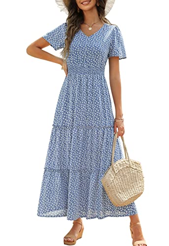 Zattcas Womens 2025 Long Summer Dress Casual Short Flutter Sleeve V Neck Smocked Waist Tiered Flowy Modest Floral Boho Maxi Dress Blue M - Image 1