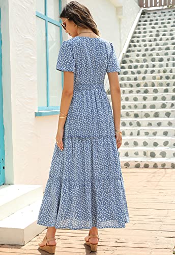 Zattcas Womens 2025 Long Summer Dress Casual Short Flutter Sleeve V Neck Smocked Waist Tiered Flowy Modest Floral Boho Maxi Dress Blue M - Image 3