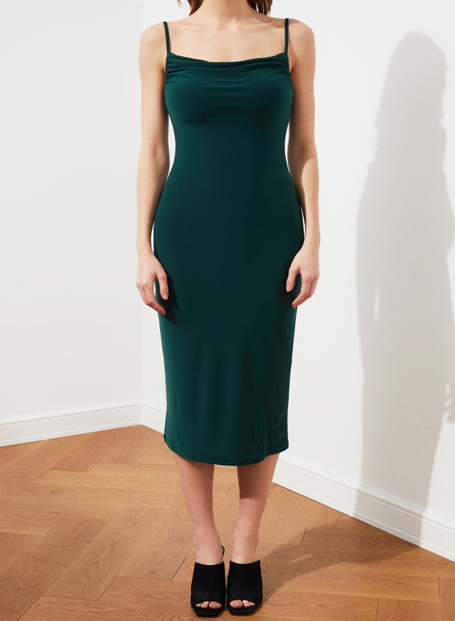 trendyol Emerald Green Fitted Collar Midi Flexible Knitted Pencil Dress - Image 4