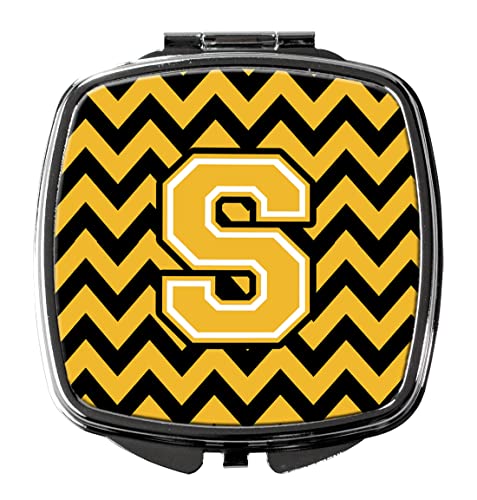 Caroline's Treasures CJ1053-SSCM Letter S Chevron Black and Gold Compact Mirror Decorative Travel Makeup Mirror for Women Girls Gifts Pocket Makeup Mirror Folding Handheld - Image 1