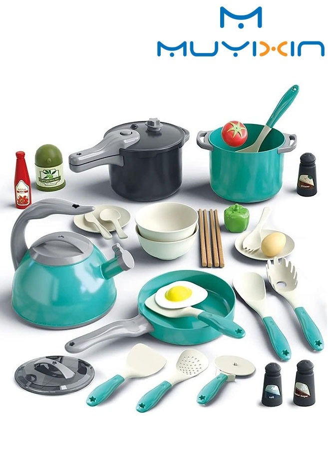 مويكسين مجموعة لعب المطبخ المكونة من 32 قطعة ملحقات اللعبة لعبة التظاهر مع القدور والمقالي للأطفال الصغار أدوات الطبخ للعب الأطفال الصغار - Image 1