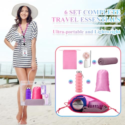 Wovnet 6 Sets Cruise Ship Essentials Theme Park Accessory Kit Collapsible Water Bottle Cruise Luggage Tag ID Holder with Lanyard Cooling Towel Fan Bag for Summer Amusement Team Gifts Travel Favor - Image 5