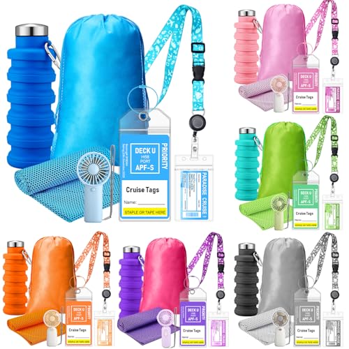 Wovnet 6 Sets Cruise Ship Essentials Theme Park Accessory Kit Collapsible Water Bottle Cruise Luggage Tag ID Holder with Lanyard Cooling Towel Fan Bag for Summer Amusement Team Gifts Travel Favor - Image 1